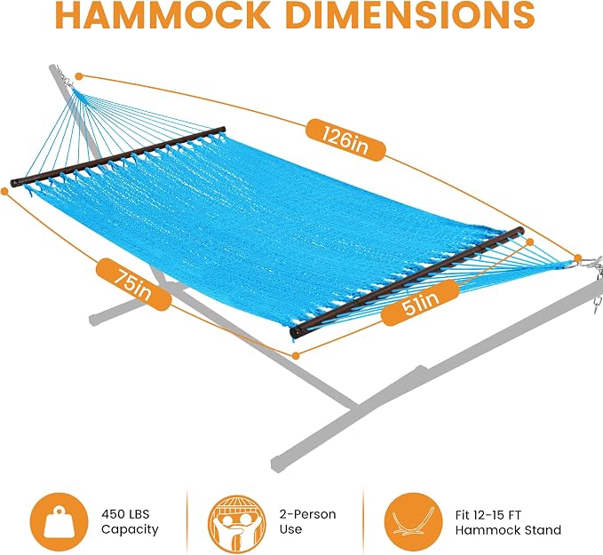 Lazy Daze Hammocks 10.5 FT Double 2 Person Caribbean Rope Hammock, Hand Woven Polyester Hammock with Spreader Bars, for Outside Outdoor Backyard Patio Poolside, 450 LBS Capacity, Sky Blue