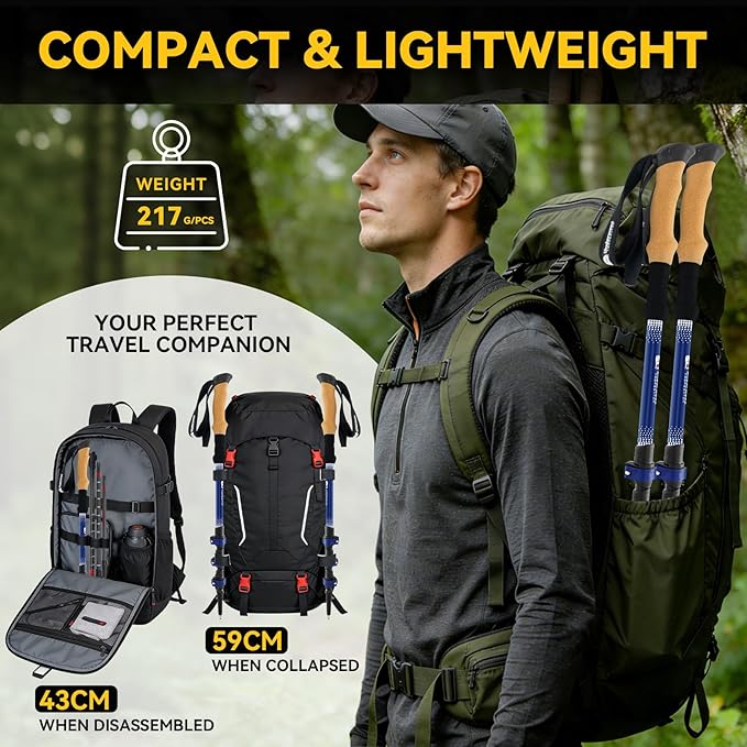 Carbon Fiber Trekking Poles Lightweight - Collapsible Hiking Poles with Cork Grip & Quick-Lock System, 2 PCS Adjustable Backpacking & Mountaineering Walking Hiking Sticks for Men, Women, Seniors