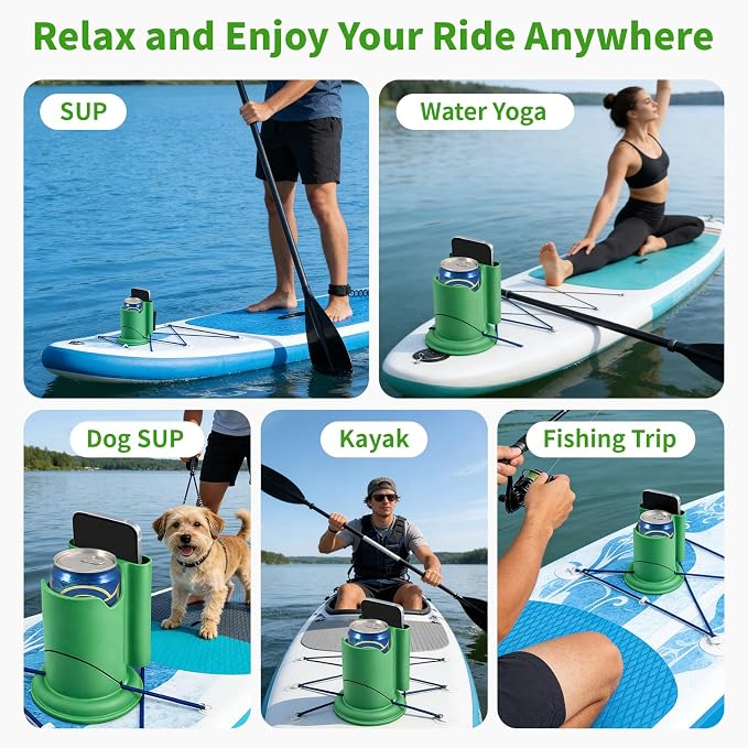 Premium 2-in-1 Paddle Board Cup Holder, Non-Slip Kayak Drink and Phone Holder with Secure Lock System, Universal Cup Holder for SUP, Boat, Surfboard, Canoes, Paddleboard Accessories (Green)