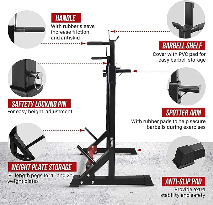 Yes4All Squat Rack for Home Gym, Adjustable Barbell Stand Rack, Multi-Function Weight Lifting, Dip Bar Station, Bench Press Rack Stand, Weight Plate Storage - Capacity Up to 600LBS