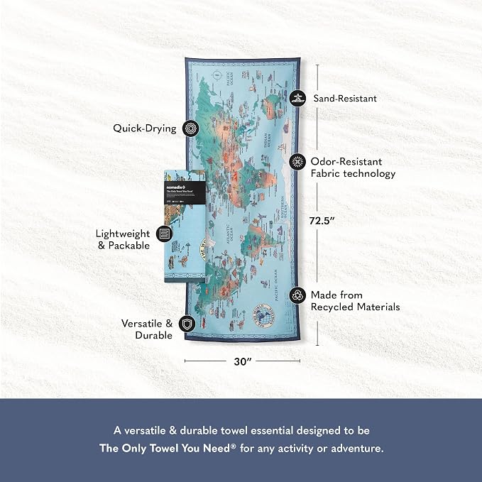 Nomadix Original Towel – Fast-Drying, Ultra-Absorbent, Sand-Resistant & Made from Recycled Materials - World Map - 72.5" x 30"