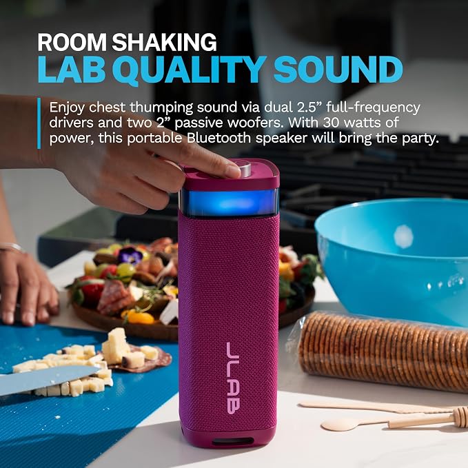 JLab, JBuds Party, Portable Bluetooth Speaker, Waterproof Outdoor Speaker, RGB Lighting, Multi-Speaker Connect, Mulberry