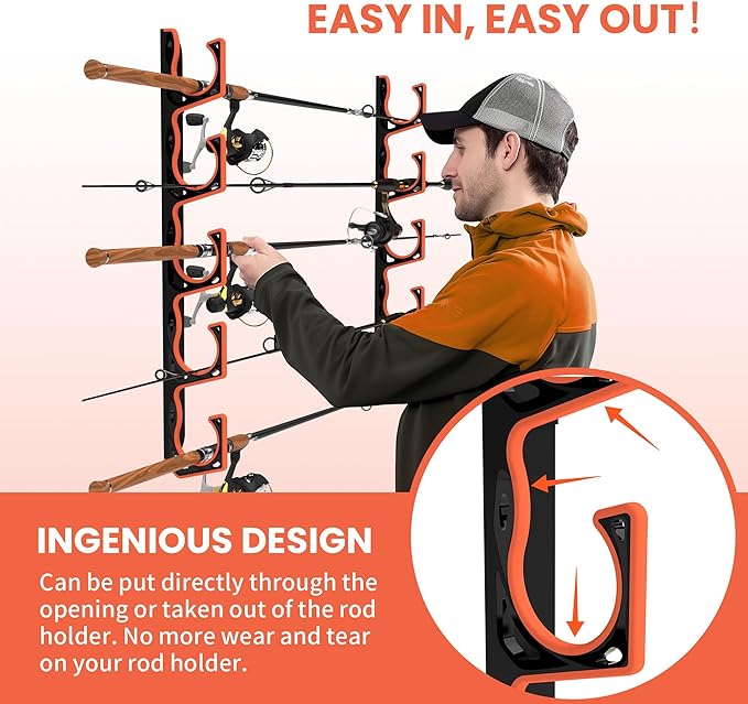 Gocozer Fishing Rod Holder for Garage, H5 Wall or Ceiling Mounted Fishing Pole Holders with Soft Protective Pad, Fishing Rod Storage Organizer, Horizontal Fishing Rod Wall Mount Nets Storage (2 PACK)