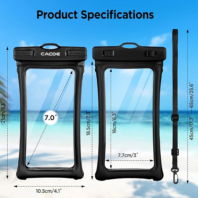 CACOE [Floatable] Floating Universal Waterproof Phone Case 2 Pcs-Up to 7.0",Phone Pouch with Adjustable Neck Lanyard,IPX8 Cellphone Dry Bags for Beach Pool Swimming（Black+Dark Green）