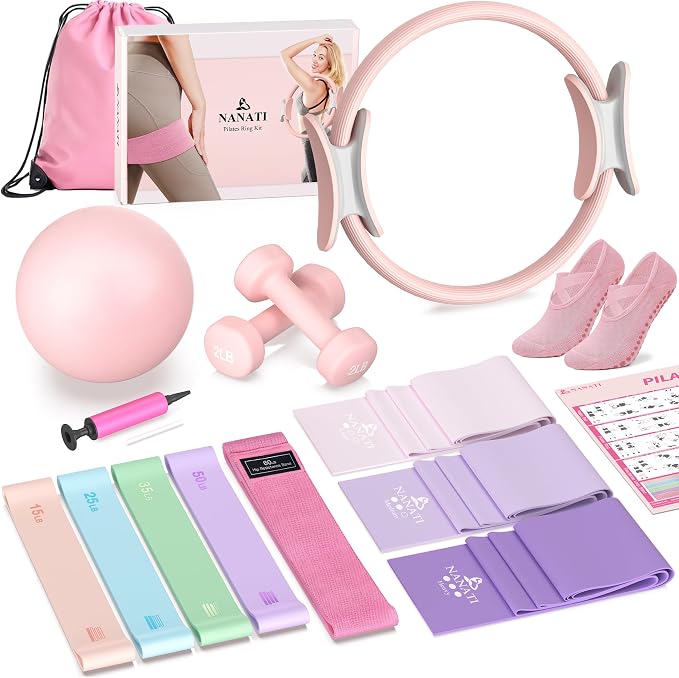 NANATI Pilates Kit, Home Pilates Workout Kit for Women, Pilates Equipment with 14.5" Pilates Ring and Ball, Resistance Bands, Dumbbells & Grip Socks for Home Workouts