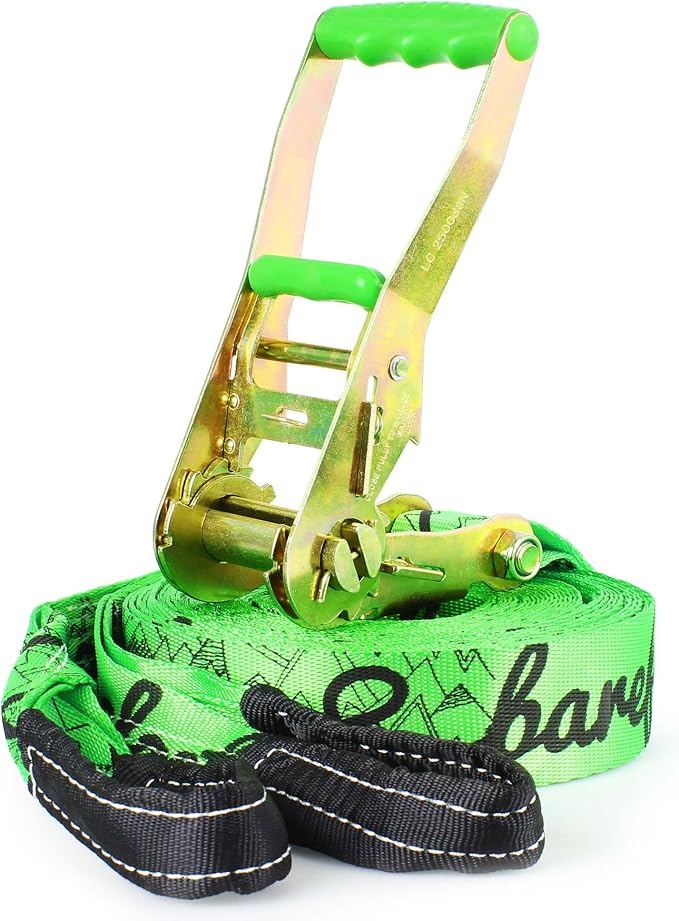 Barefoot Slackline Kit 60ft (18m) Complete Set Including, Ratchet, Training Line, Bark Protectors & Instructions! Designed for Both Kids & Adults - 3 Colors Available (Neon Green)