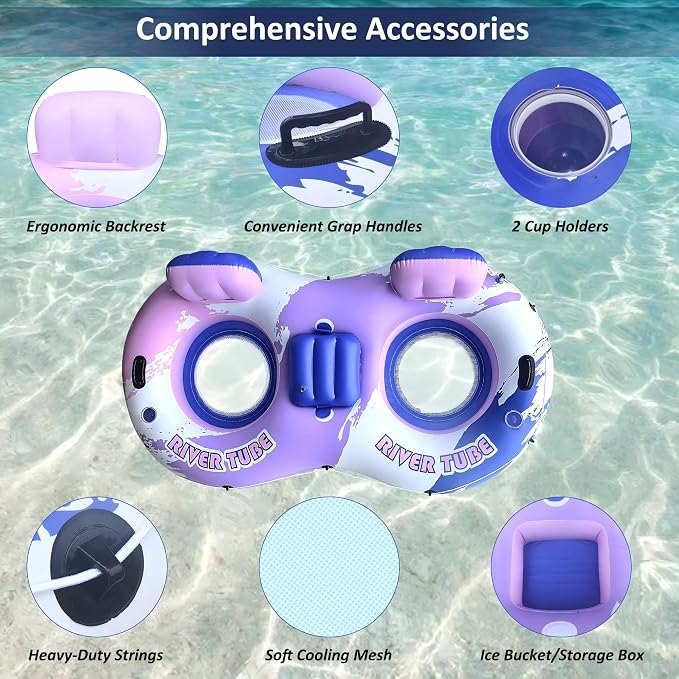 Heavy Duty 2 Person Floats for Adults, 91" X 50" Inflatable River Tube, Adult Floats for Lake, Swimming Tubes with Backrests, 2 Cup Holders, Storage Compartment