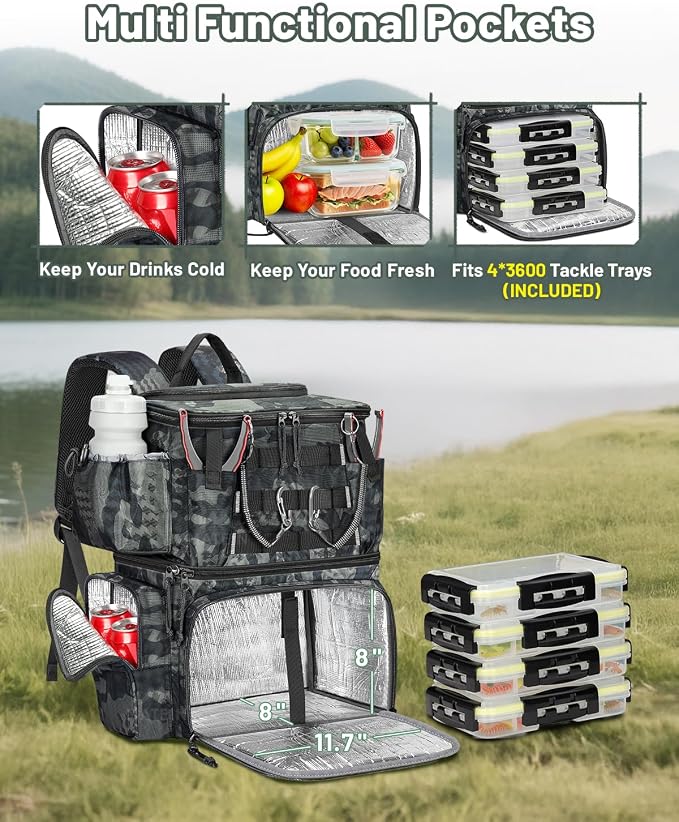 MATEIN Fishing Backpack with 4 Tackle Boxes, Fishing Bag with Rod Holder | 3600 Tackle Box 4 Pack, Water Resistant Tackle Backpack with Cooler Compartment, Safety Compass, Gifts for Fishermen
