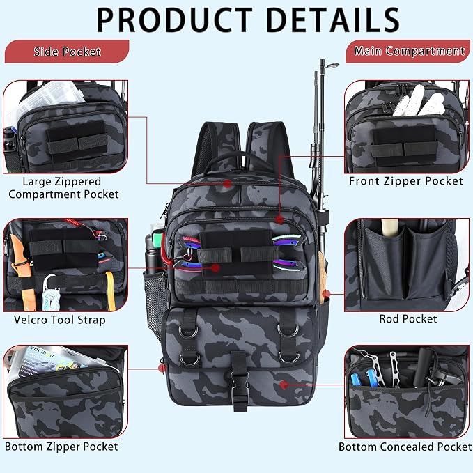 Fishing Backpack with Tackle Boxes,Fishing Sling Tackle Bag with Rod Holder Waterproof Fishing Bag with Fishing Gear, Fishing Gifts for Men Women Gear Combo Kit,Camouflage Gray