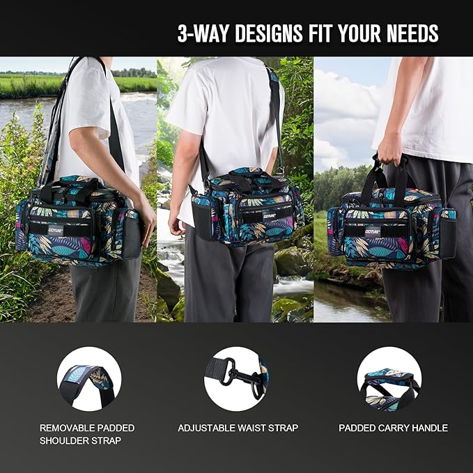 Goture Fishing Tackle Bag, 600D Water-Resistant Soft Side Crossbody Sling Bag for Men & Women,Small Gear Storage Tactical Bags for Saltwater & Freshwater,Fits 3 3600 Tackle Boxes(Not Included)