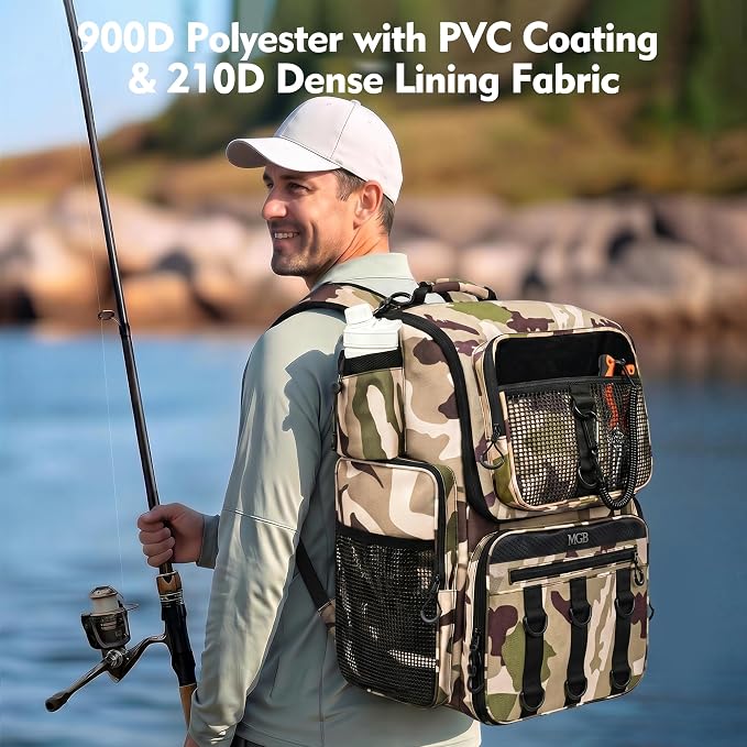 MGB 46L Fishing Tackle Backpack with 2 Rod Holders & YKK Zipper Storage Fishing Gear and Equipment, Gifts for Men Father