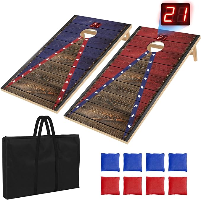Electronic Cornhole Board Set 4x2ft 3x2ft 2x1ft, Automatic Scoring Corn Hole Games for Adults & Kids, Wooden Portable Cornhole Set with 8 Bean Bags & Carrying Bag for Outdoor, Tailgate, Party