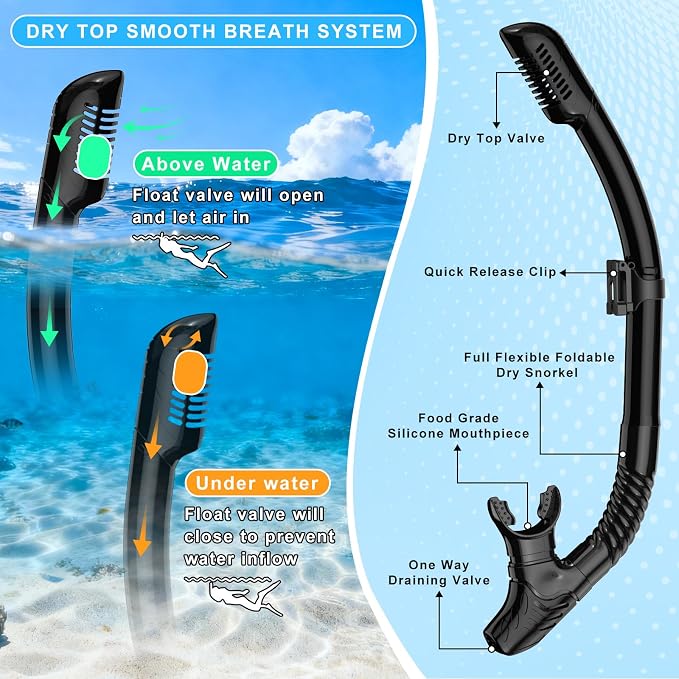 Snorkeling Gear for Adults, Mask Fin Snorkel Set, Dry Top Snorkel Mask, Panoramic View Anti-Leak Anti-Fog 3 in 1 Snorkeling Kit Travel Diving Package with Storage Bag