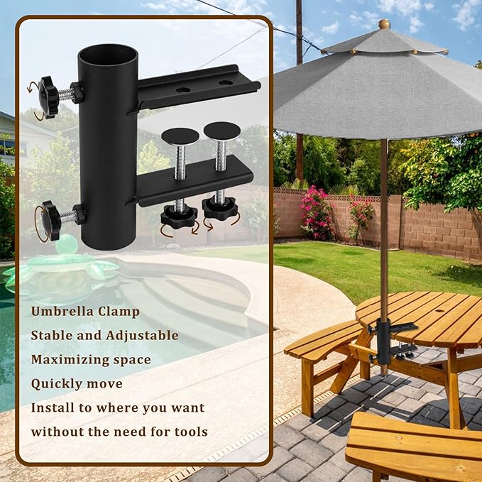 Patio Umbrella Clamp Clip, Umbrella Stand Holder, Outdoor Umbrella Base Adjustable Metal Umbrella Clamp Stand Mount for Chair, Fence Post, Square Railing, Bleachers, Table