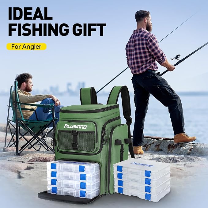 PLUSINNO Fishing Backpack with Rod Holders 4 Tackle Boxes, 42L Large Water-Resistant Fish Tackle Bag Store Fishing Gear, Camping, Hiking Gifts for Men Father, Green