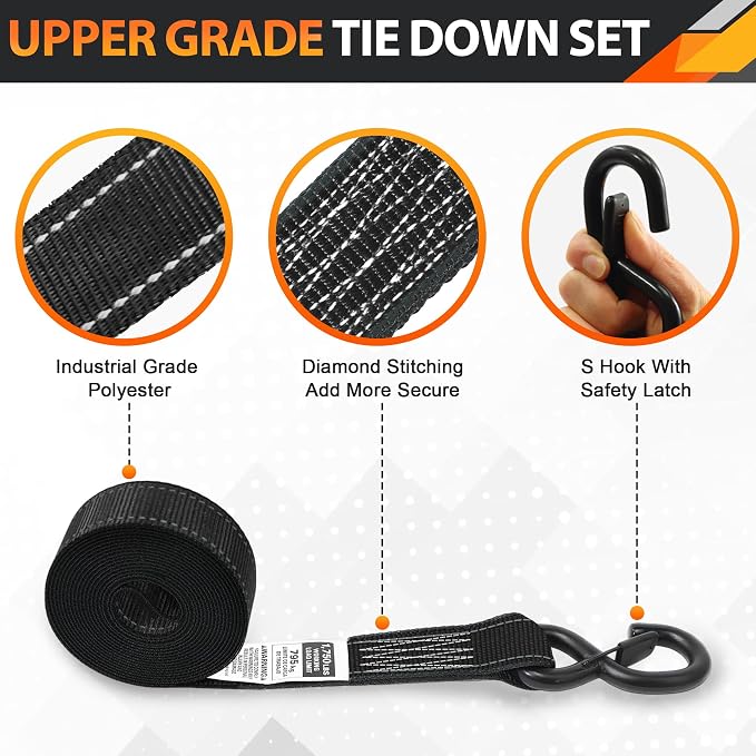 Ratchet Tie Down Straps Set, 5250 LBS Breaking Strength, 4 Pack 1.5" x 15' Heavy Duty Ratchet Straps, Cargo Strap, Motorcycle Straps for Trucks, Bicycle, Kayak, Moving, Tie Downs with S Hooks, Black