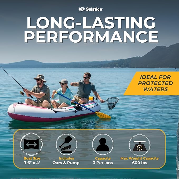 SOLSTICE Inflatable Boat for Lakes, Rivers & Beaches – Heavy-Duty Raft with Swivel Oar Locks, Grab Line & Inflatable Seat – Voyager, Full Kit Includes Oars & Pump, 3-Person, White, 7'
