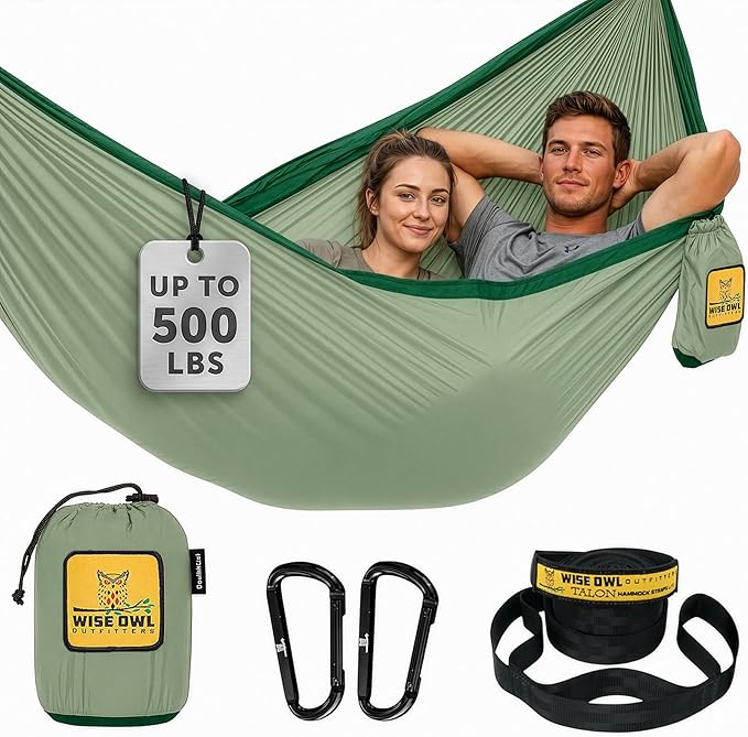 Wise Owl Outfitters Camping Hammock – up to 500lbs Portable Hammock with Tree Straps - Travel, Backpacking, Hiking, Outdoors Camping Gear - Single or Double