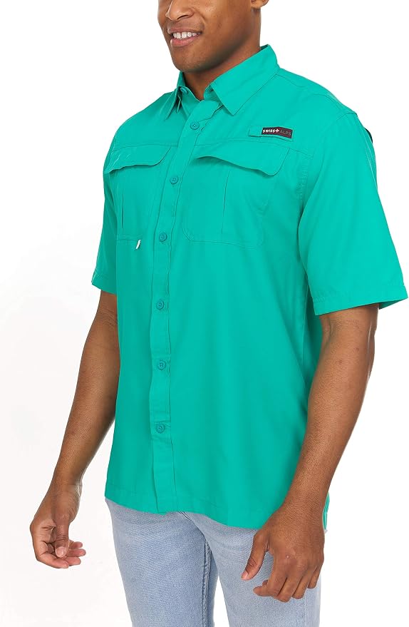 Swiss Alps Mens Short Sleeve Button Down Sun Protection UPF 30+Shirt Quick Dry Cooling Fishing Shirts Casual Summer Tops
