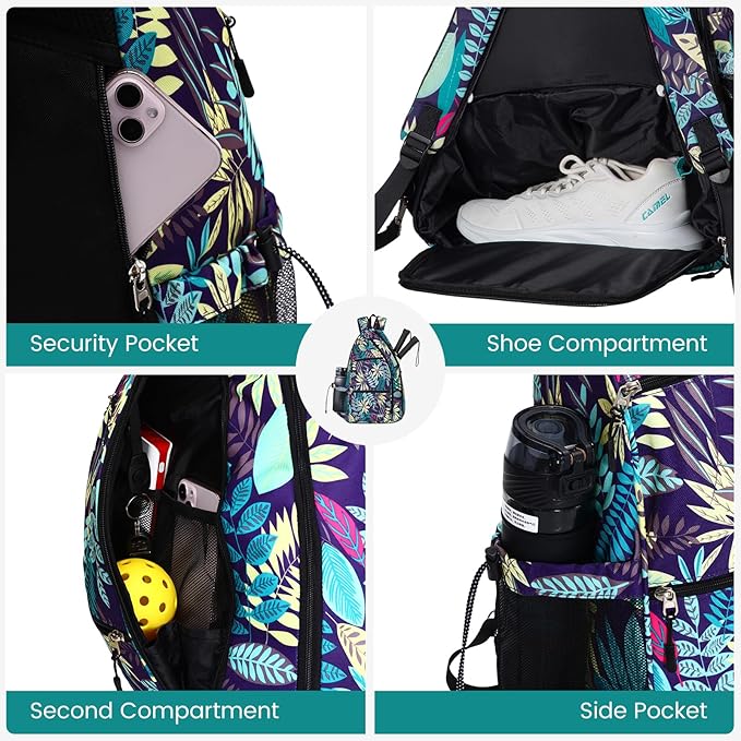 Sucipi Pickleball Bag - Men's & Women's Pickleball Backpack, Adjustable Sling Bag w/Fence Hook/Large Capacity/Safety Pocket