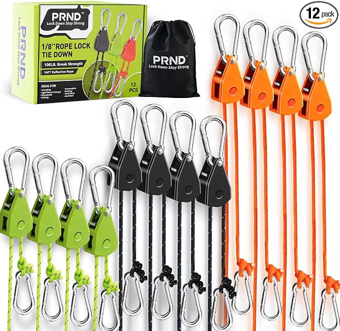 PRND 12-Pack 1/8" Heavy Duty Ratchet Rope Hangers - 14FT Adjustable Pulley System with Reinforced Metal Gear for Camping, Grow Lights and Outdoor Hanging (Black+Green+Orange, 12-Pack 1/8" 14FT)