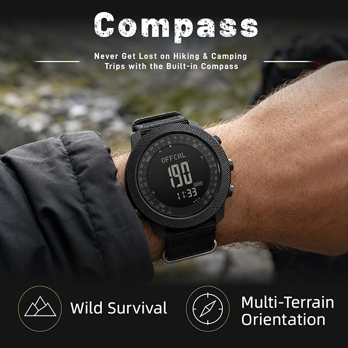 CakCity Digital Watch Military Tactical Watches for Men, 50mm Large Face Zinc Alloy Case with Breathable Double-Layer Nylon Strap, 5ATM Waterproof Shockproof, Altimeter, Barometer, Thermometer, Dual Time, Compass, Alarm, Stopwatch, Countdown