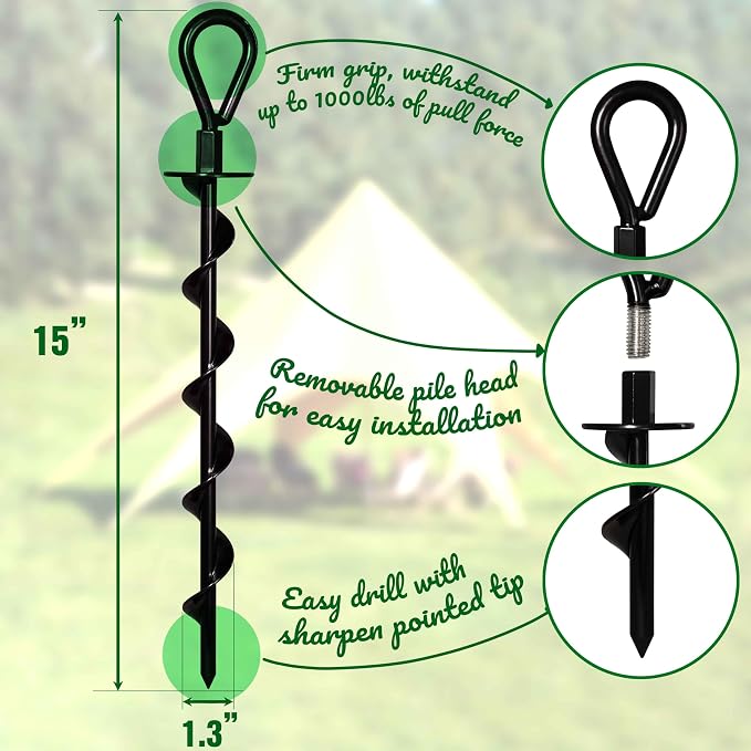 15" Ground Anchors (4pcs) Easy to Use with Drill, Heavy Duty Anchor Hook for Camping Tent, Canopies, Car Ports, Sheds, Swing Sets, Securing Animals – Black Powder Coated