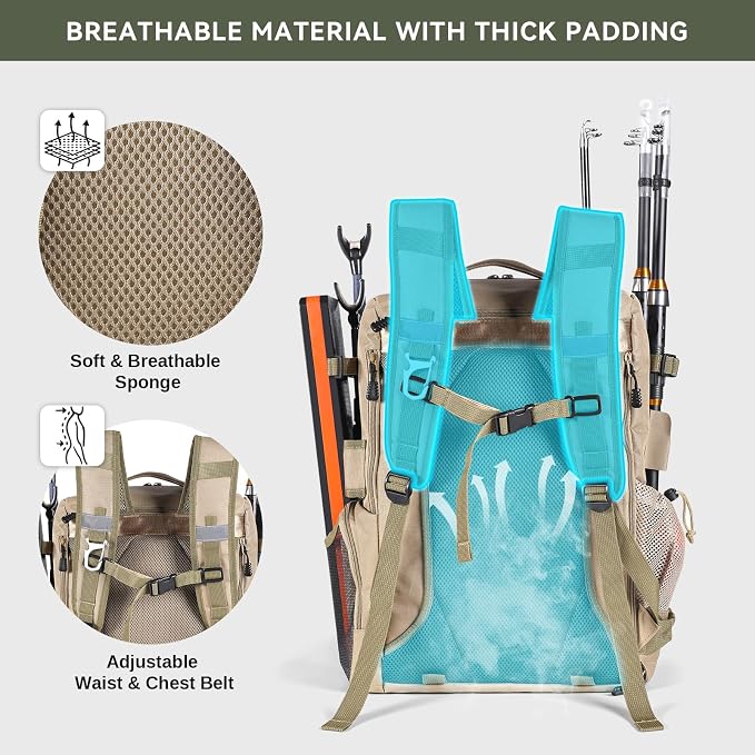 Bagenerous 39L Fishing Tackle Backpack with Rod Holders & Cooler,Water-resistant Fishing Gear Storage Bag with Protective Rain Cover,Khaki
