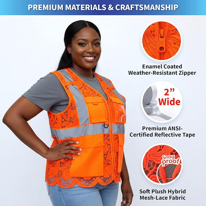 Lace-Mesh Safety Vest for Women & Men - Breathable, High Visibility Vest with Zipper & ANSI Class 2 Reflective Strips