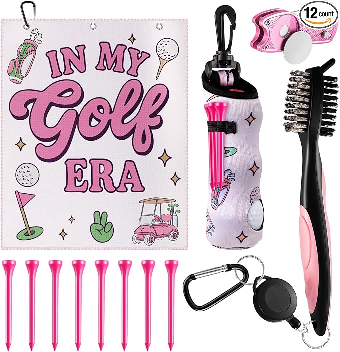 Liliful 12 Pcs Golf Accessories Kit, Include Golf Ball Bag with Hook Towel Tees Magnetic Ball Marker Divot Tool Cleaner Brush for Women Man Gifts