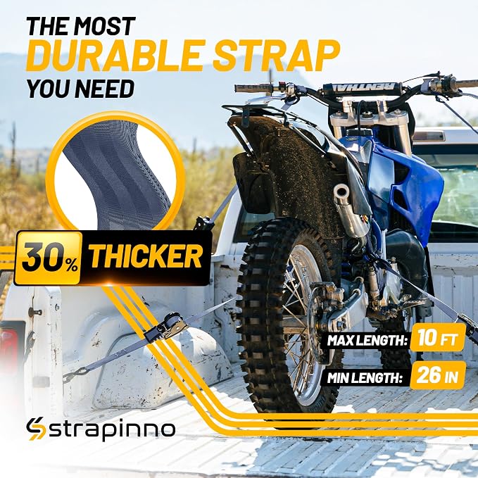 Strapinno Retractable Ratchet Straps (4-Pack), 1 in x 10 ft, 1,500LBS Break Strength, Most Durable Straps and Core, Auto Self Retracting Tie Downs for Truck, Moving, Motorcycle, Bike, Jetski, Kayak