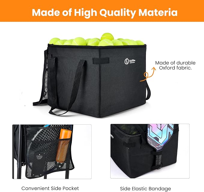 Portable Tennis Ball Hopper & Pickleball Basket, Foldable Tennis Ball Cart with Storage Bag, Multi-Sport Ball Collector for Training & Practice