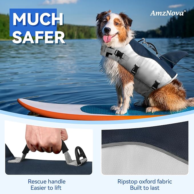 AMZNOVA Shark Dog Life Jacket + Rip Stop Dog Life Jacket, Durable Handle Reflective Buoyance
