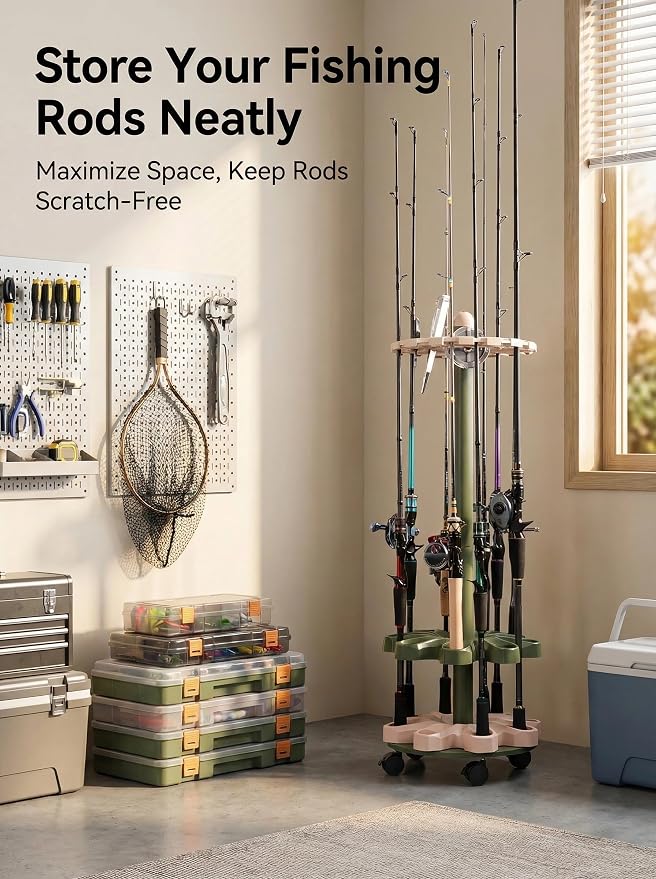 360° Rotating 16-Rod Fishing Rod Holder Rack with Wheels, Rolling Storage Stand for Rods & Combos, Space-Saving Organizer, Durable ABS Frame with Protective Rubber Pads