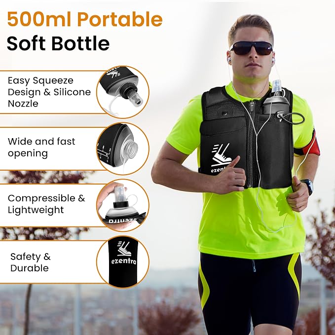 Running Vest Zip, Reflective Running Vests with 6 Pockets, 500ml Hydration Bottle, Adjustable Chest & Waistband, Breathable Material, Chest Pack Gear, Phone Holder, Men & Women