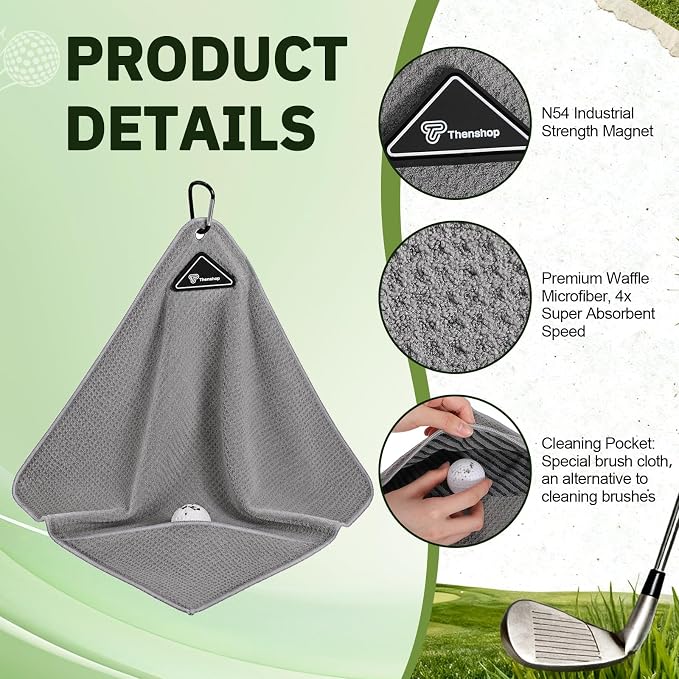 Thenshop 3 Pack Magnetic Golf Towels with Clips 16 x 16 Waffle Microfiber Cleaning Cloth with Internal Scrubbing Pocket and Carabiner Golf Accessories for Bags Carts Clubs Men Women