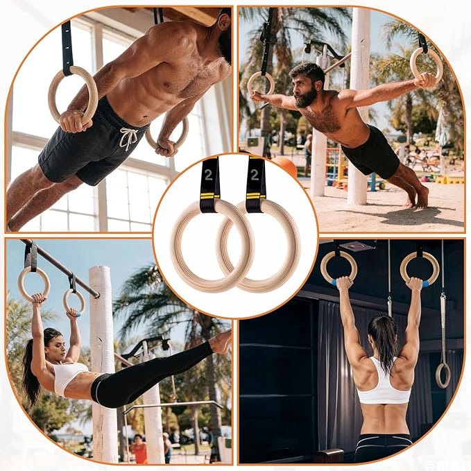 Wooden Gym Rings with 9ft Double-Layer Numbered Straps Quick Adjust. 1.25” Olympic Rings for Home Gym Small Apartment Hotel Camping Full Body Workout Calisthenics Strength Training Body