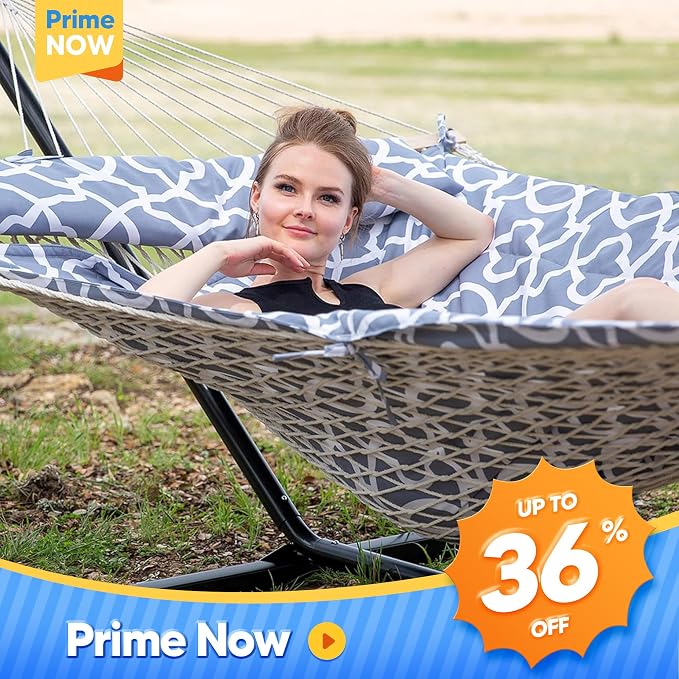 SUNCREAT Outdoor Double Hammock with Stand, Two Person Cotton Rope Hammock with Polyester Pad, Circle Pattern