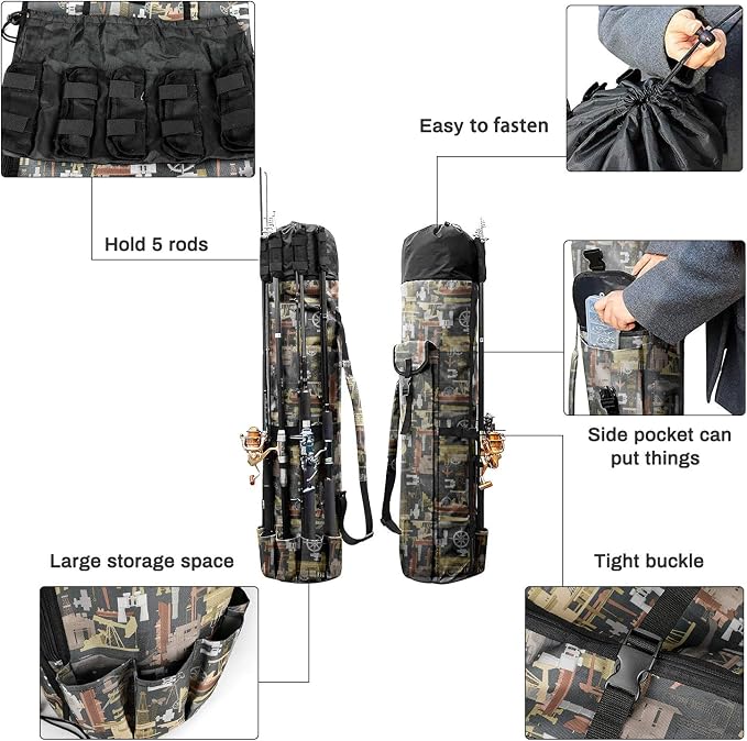 Allnice Durable Canvas Fishing Rod & Reel Organizer Bag Travel Carry Case Bag- Holds 5 Poles & Tackle