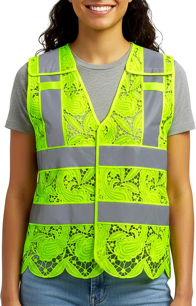 Lace-Mesh Safety Vest for Women & Men - Breathable, High Visibility Vest with Zipper & ANSI Class 2 Reflective Strips