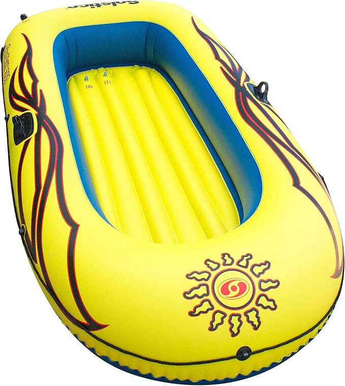 SOLSTICE Inflatable Boat Rafts 3 Person for Adults & Kids Comes W/ Pole Oar Holders Cushioned Comfortable Base Grab Line 8 Ft Size Sunskiff Kits Dinghy Air Floor Yellow