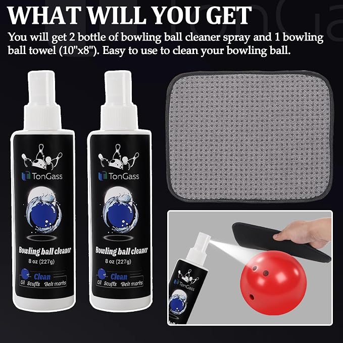 TonGass Bowling Ball Cleaner Spray Kit with Towel (2+1 Pack) Portable Bowling Spray Accessories, Oil & Scuff Mark Cleaner, Restores Tack and Prolongs Lifespan of Ball