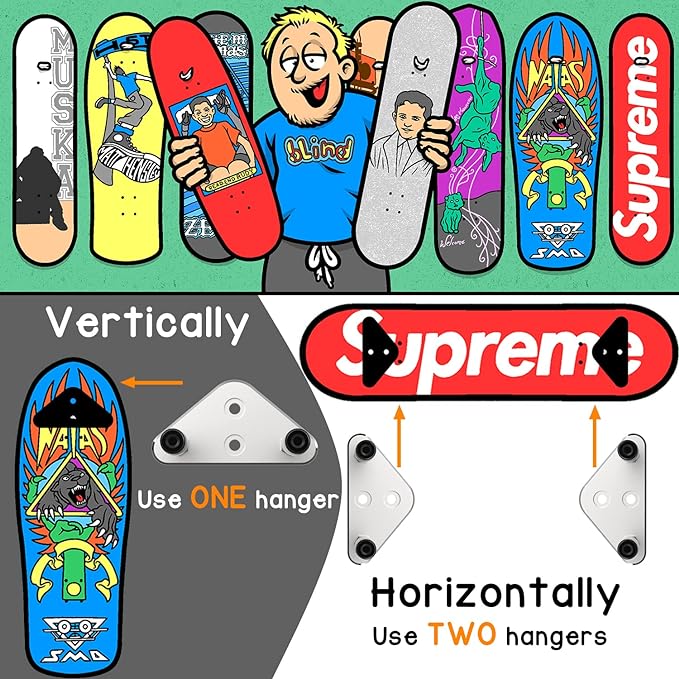 14 Packs Skateboard Wall Mount Aluminum Skateboard Hanger with Two Screw Holes for Display Skateboard Deck Storage Horizontal and Floats Vertically - Silver
