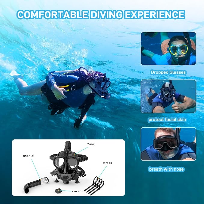 Full Face Dive Mask Support Diving & Snorkeling, Full Face Snorkel Mask Adjustable Scuba Mask with Camera Mount Provide 180° View Panoramic Compatiable with SMACO 1L/1.9L Mini Scuba Tanks