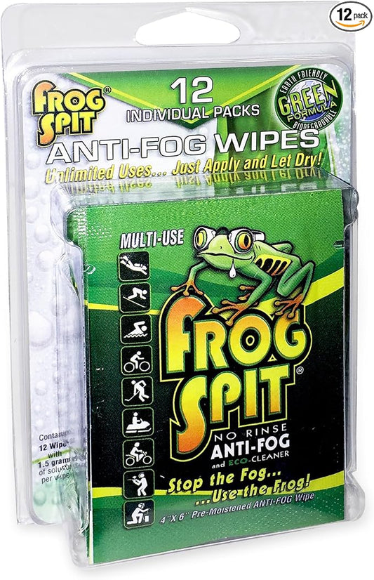 Frog Spit Pre-Moistened Anti-Fog Wipes | 12-Pack | Individually Packaged Travel Anti Fog Wipes for Glasses, Goggles, Face Masks, Helmet Face Shields