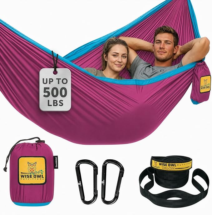 Wise Owl Outfitters Camping Hammock – up to 500lbs Portable Hammock with Tree Straps - Travel, Backpacking, Hiking, Outdoors Camping Gear - Single or Double