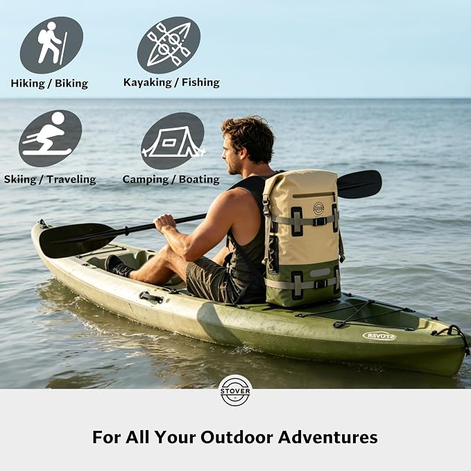STOVER 30L Waterproof Dry Backpack & Phone Case - X-Large Floating Dry Bag for Kayaking, Travel, Hiking, Fishing, Camping, Motorcycles & Beach, Heavy-Duty Roll Top Men/Women (Tan/Army Green/Brown)