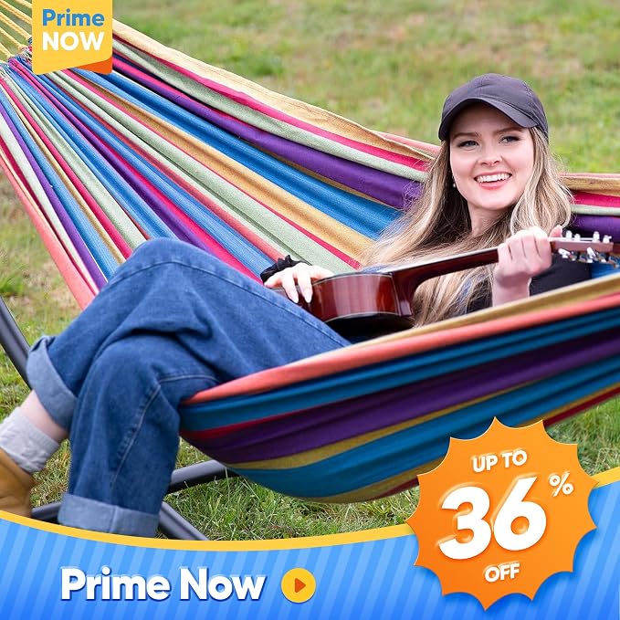 SUNCREAT Outdoor Double Hammock, Portable Tree Colorful Hammock, Colorful Stripes
