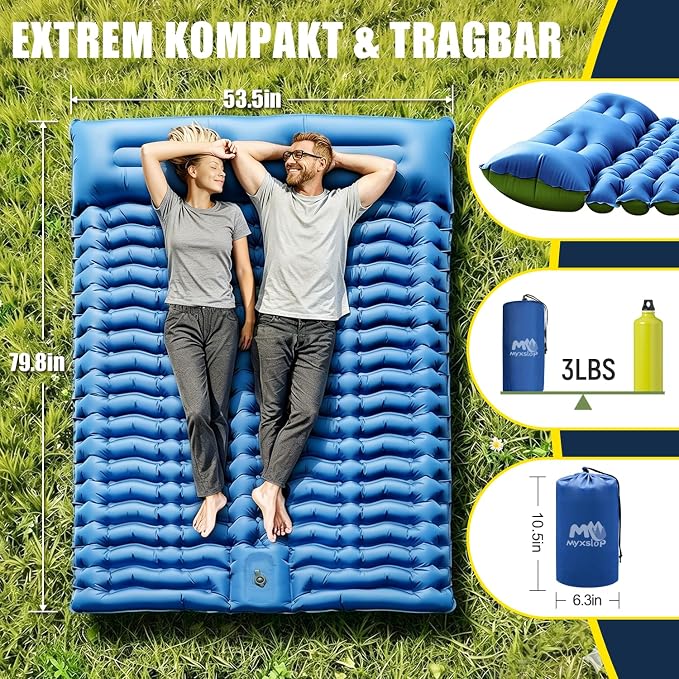 Myxslop Double Sleeping Pad for Camping, 4" Extra-Thick Inflatable Air Mattress with Built-in Pillow & Foot Pump, Portable Sleeping Mat for Backpacking, Tent Camping, Hiking and Beach