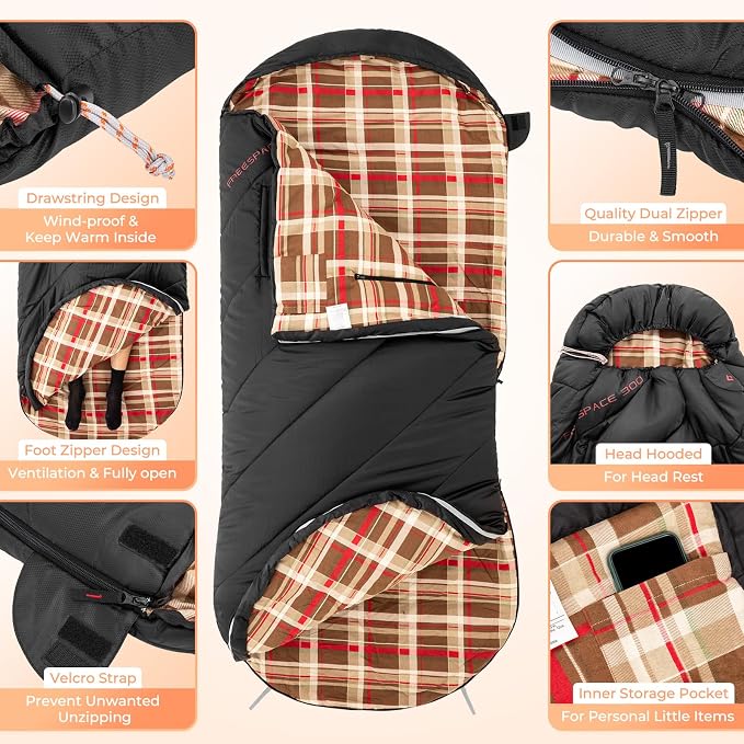 KingCamp Sleeping Bag for Adults Big and Tall, Cold Weather Camping Sleeping Bag with Soft 100% Cotton Flannel Lining, Portable Lightweight Outdoor Traveling & Car Camping